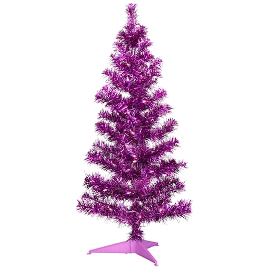 3ft. Pre-Lit Purple Artificial Tinsel Christmas Tree, Clear Lights